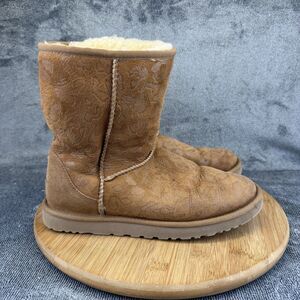 UGG Boots Womens Size 8 39 Brown Suede Mid Calf Floral Shearling Winter 1007423